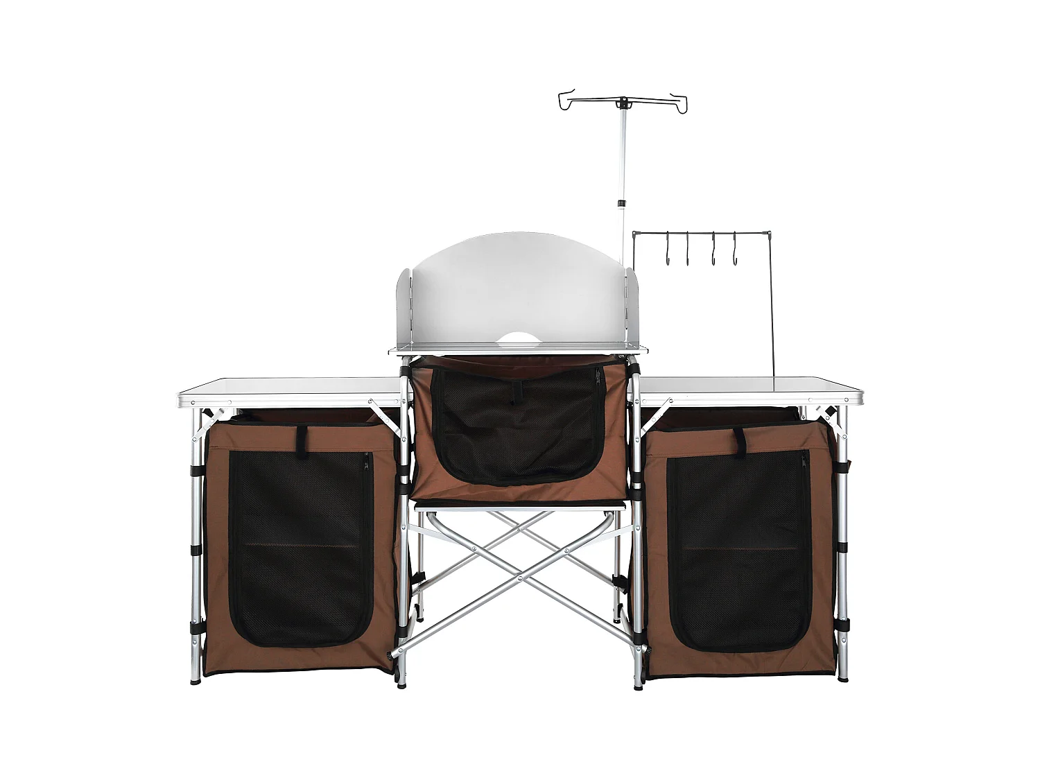 Table de Cuisine de Camping, Station de Cuisson Portable Pliable avec 3 Placards, Marron