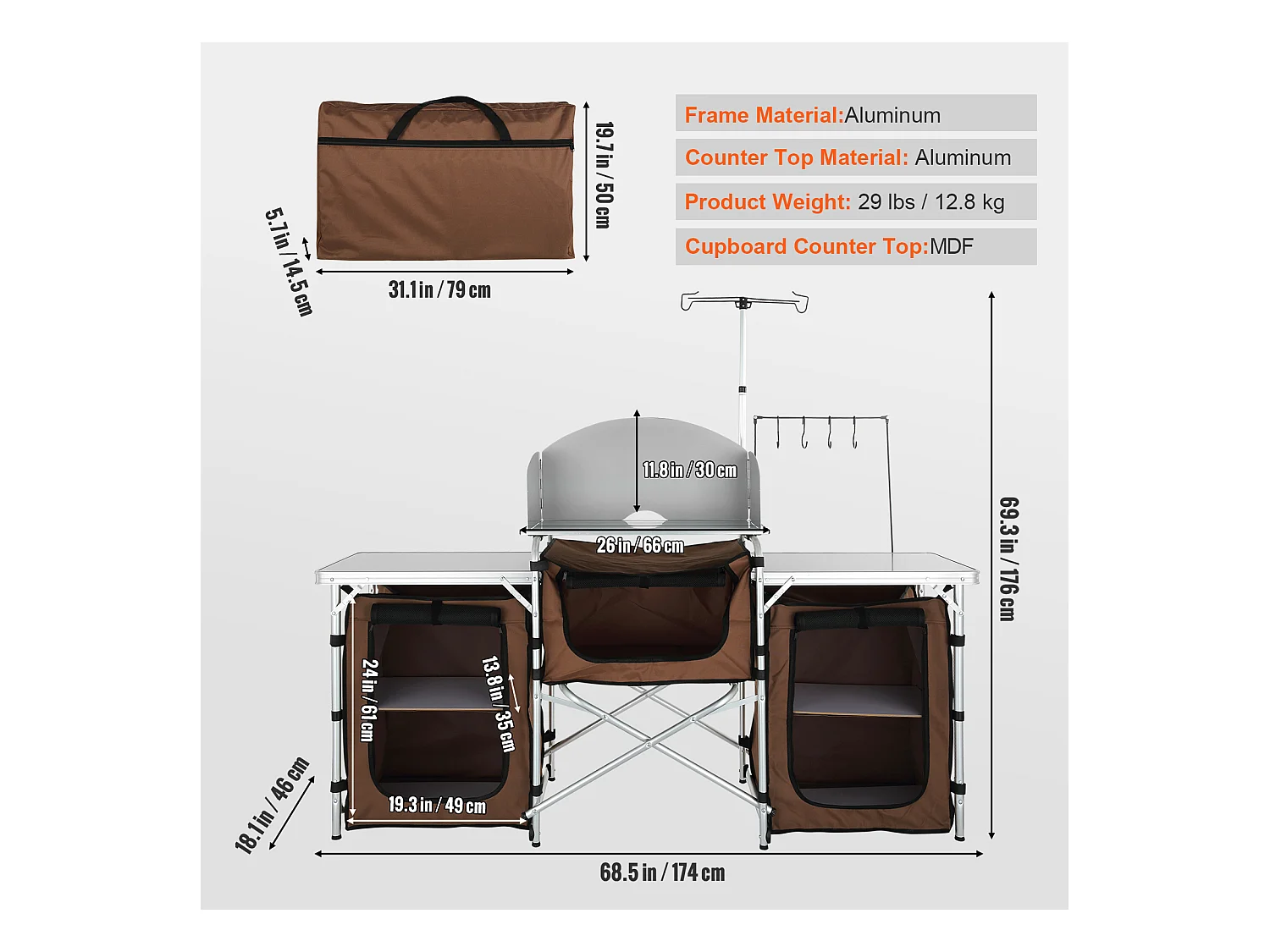 Table de Cuisine de Camping, Station de Cuisson Portable Pliable avec 3 Placards, Marron