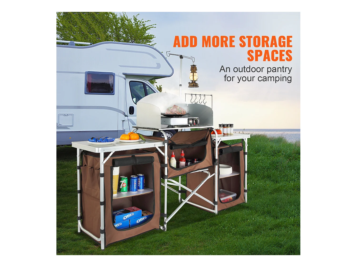 Table de Cuisine de Camping, Station de Cuisson Portable Pliable avec 3 Placards, Marron