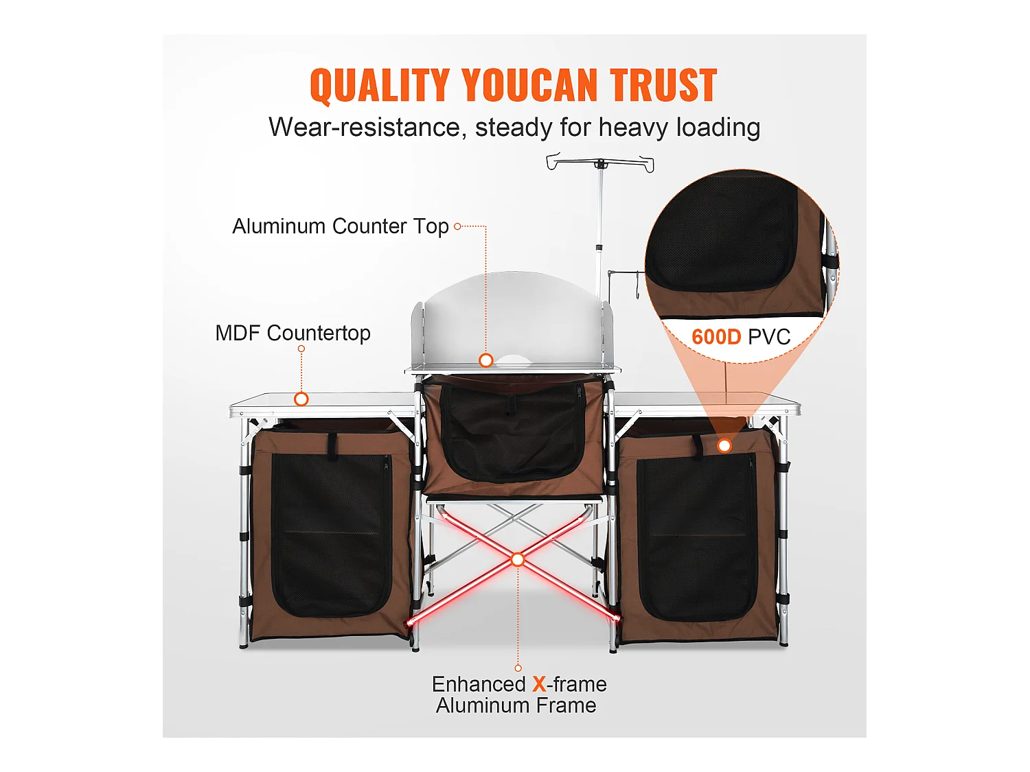 Table de Cuisine de Camping, Station de Cuisson Portable Pliable avec 3 Placards, Marron