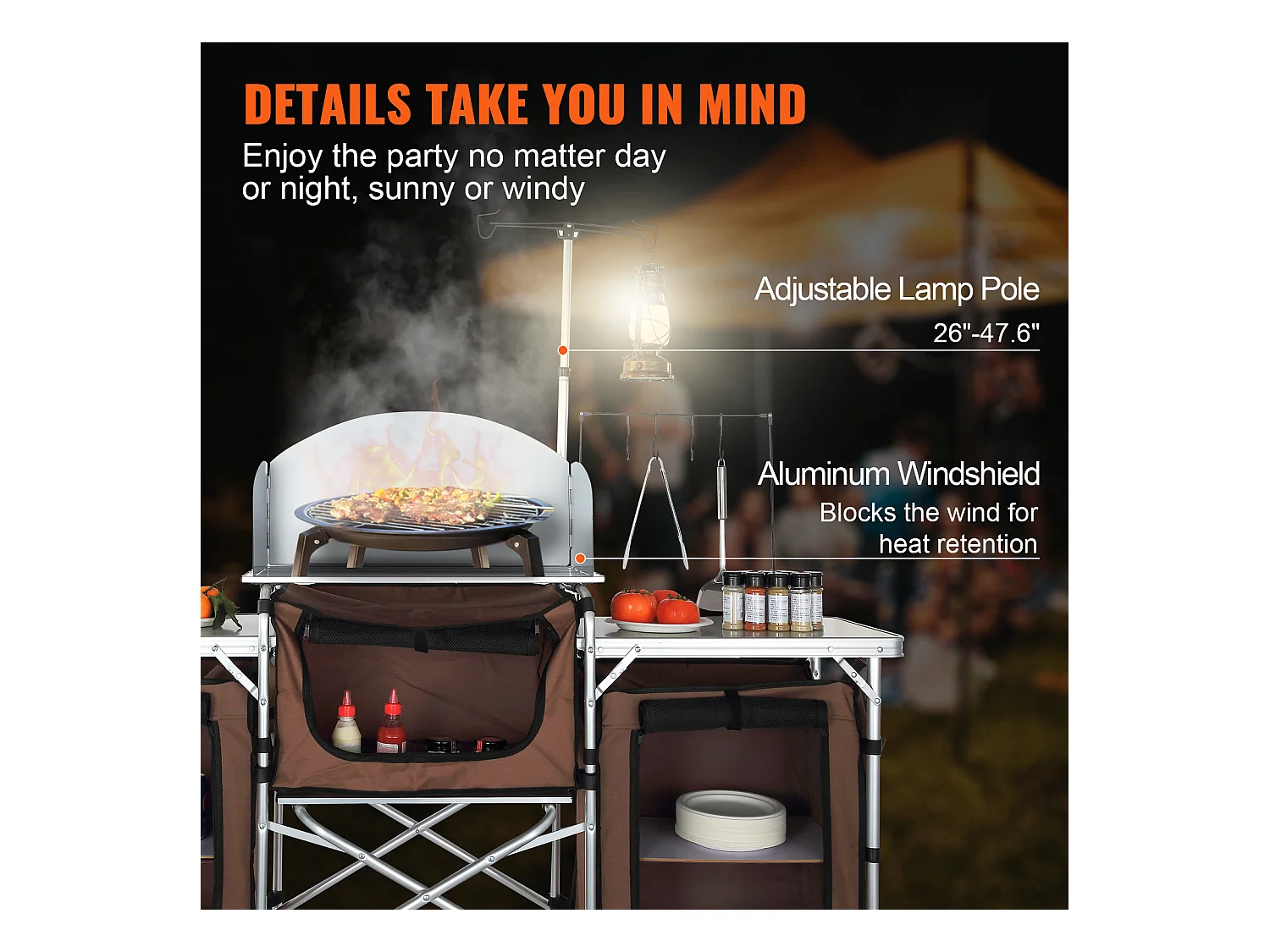 Table de Cuisine de Camping, Station de Cuisson Portable Pliable avec 3 Placards, Marron