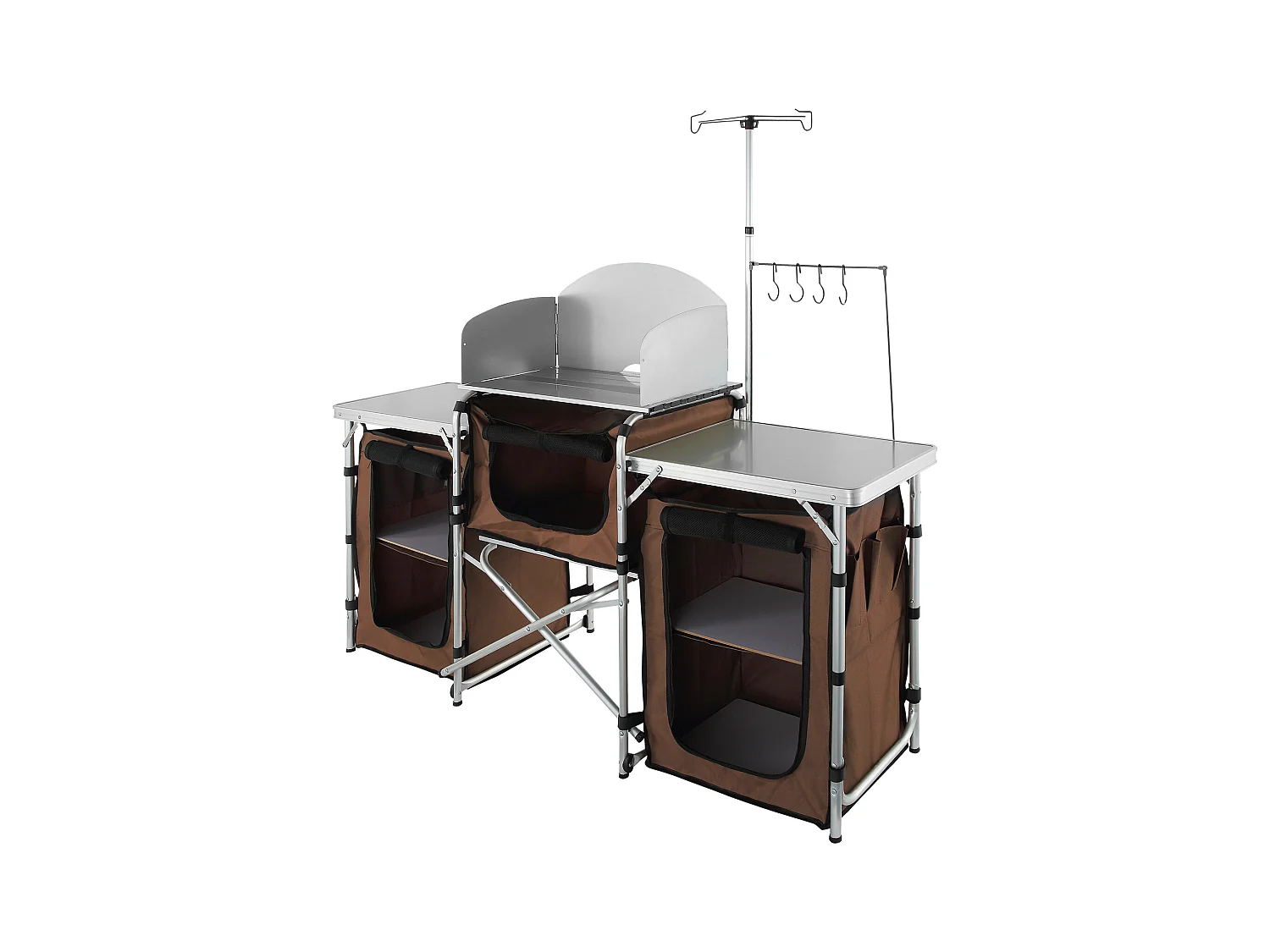 Table de Cuisine de Camping, Station de Cuisson Portable Pliable avec 3 Placards, Marron