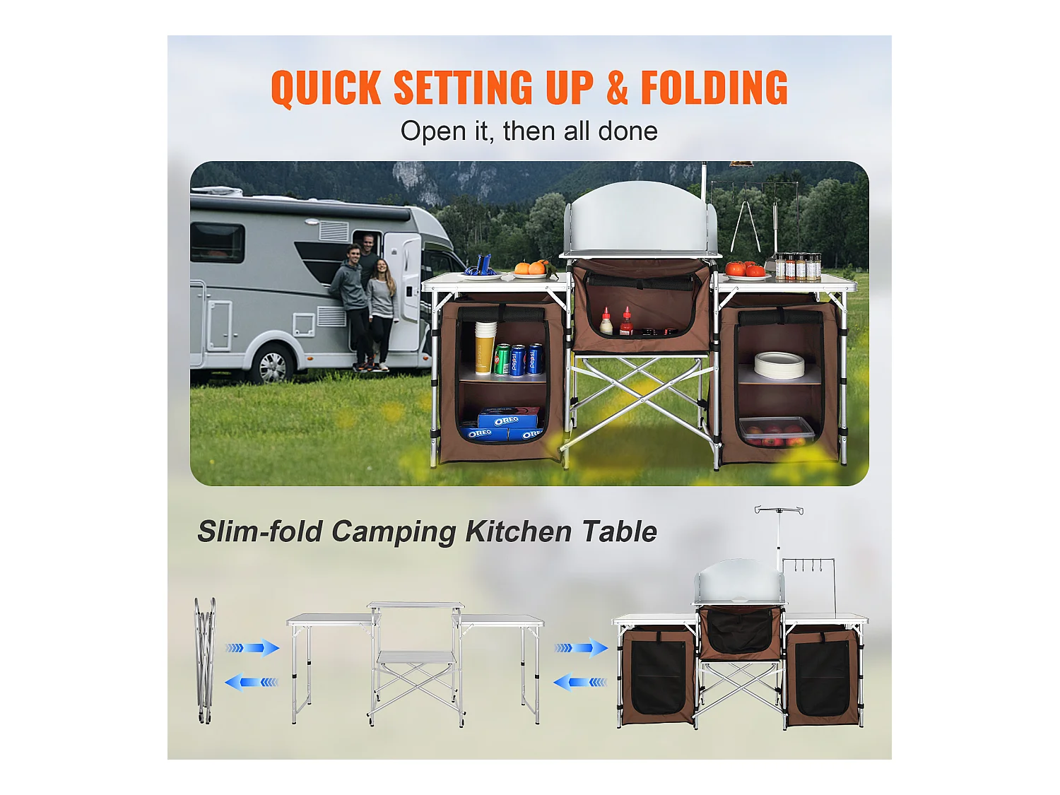 Cucina da Campeggio, SucceBuy Tavolo da Cucina da Campeggio, Stazione di Cottura Portatile Pieghevole con 3 Armadietti, Marrone