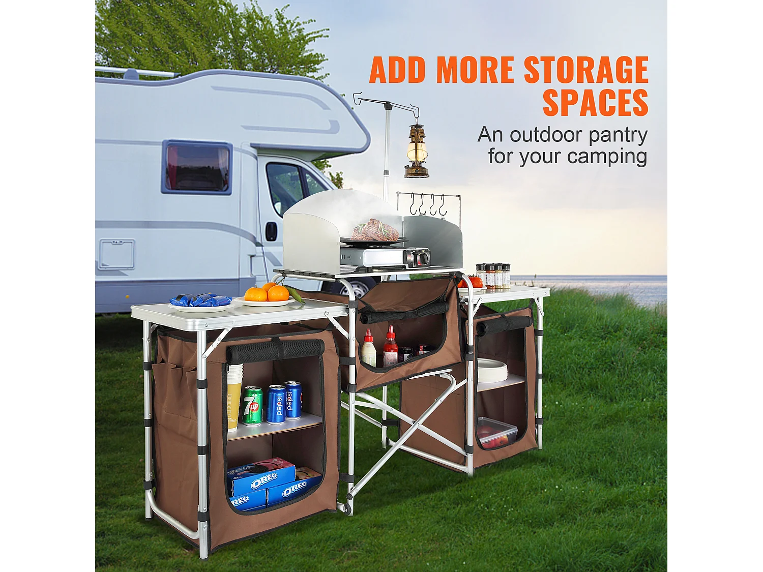 Table de Cuisine de Camping, Station de Cuisson Portable Pliable avec 3 Placards, Marron