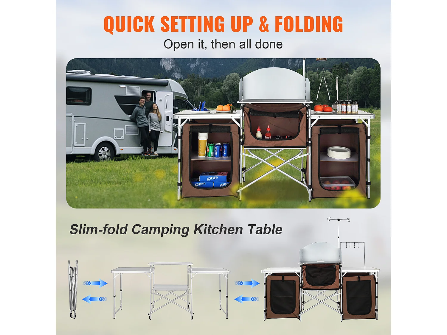 Table de Cuisine de Camping, Station de Cuisson Portable Pliable avec 3 Placards, Marron