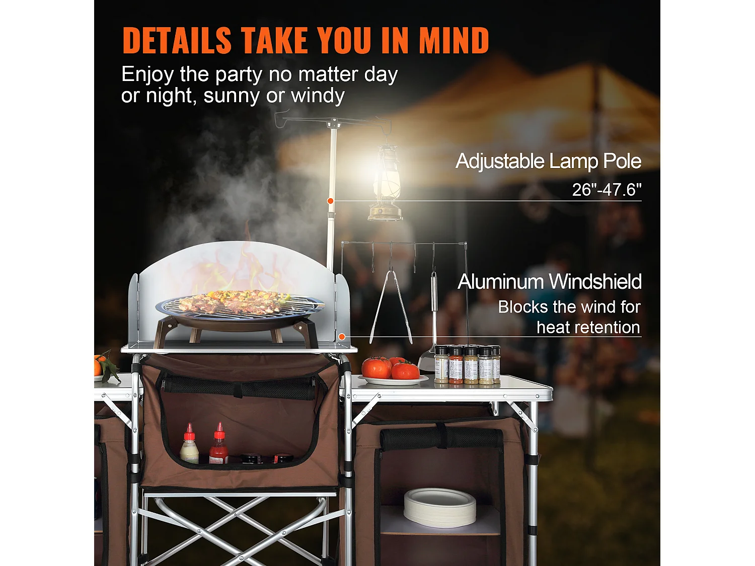 Table de Cuisine de Camping, Station de Cuisson Portable Pliable avec 3 Placards, Marron