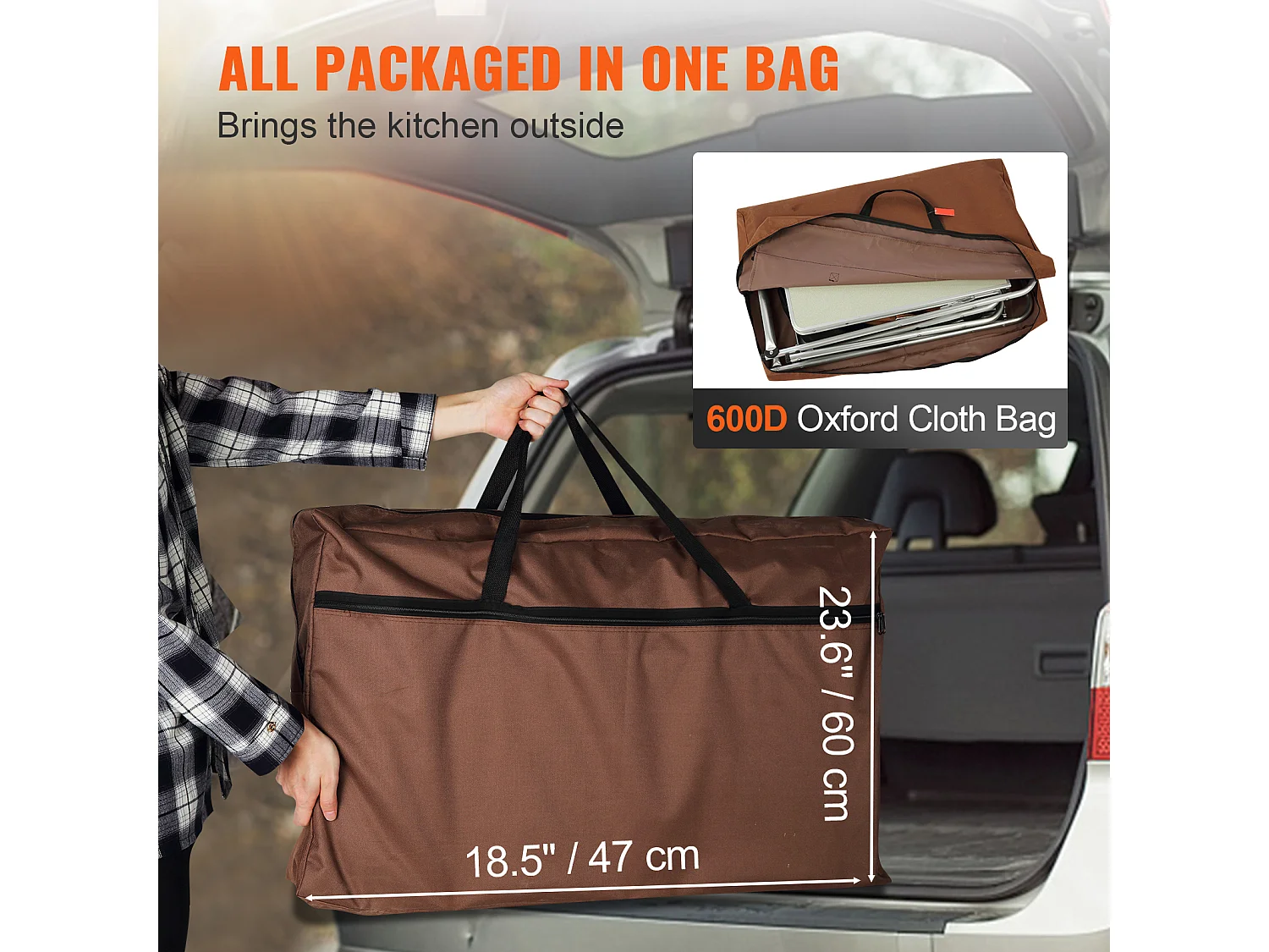 Table de Cuisine de Camping, Station de Cuisson Portable Pliable avec 3 Placards, Marron