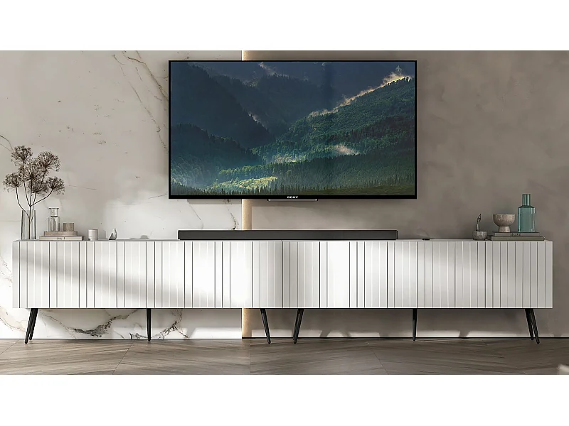 Meuble TV avec 8 portes - Corps blanc mat, façades rainurées blanc mat - 300 cm, pieds noirs