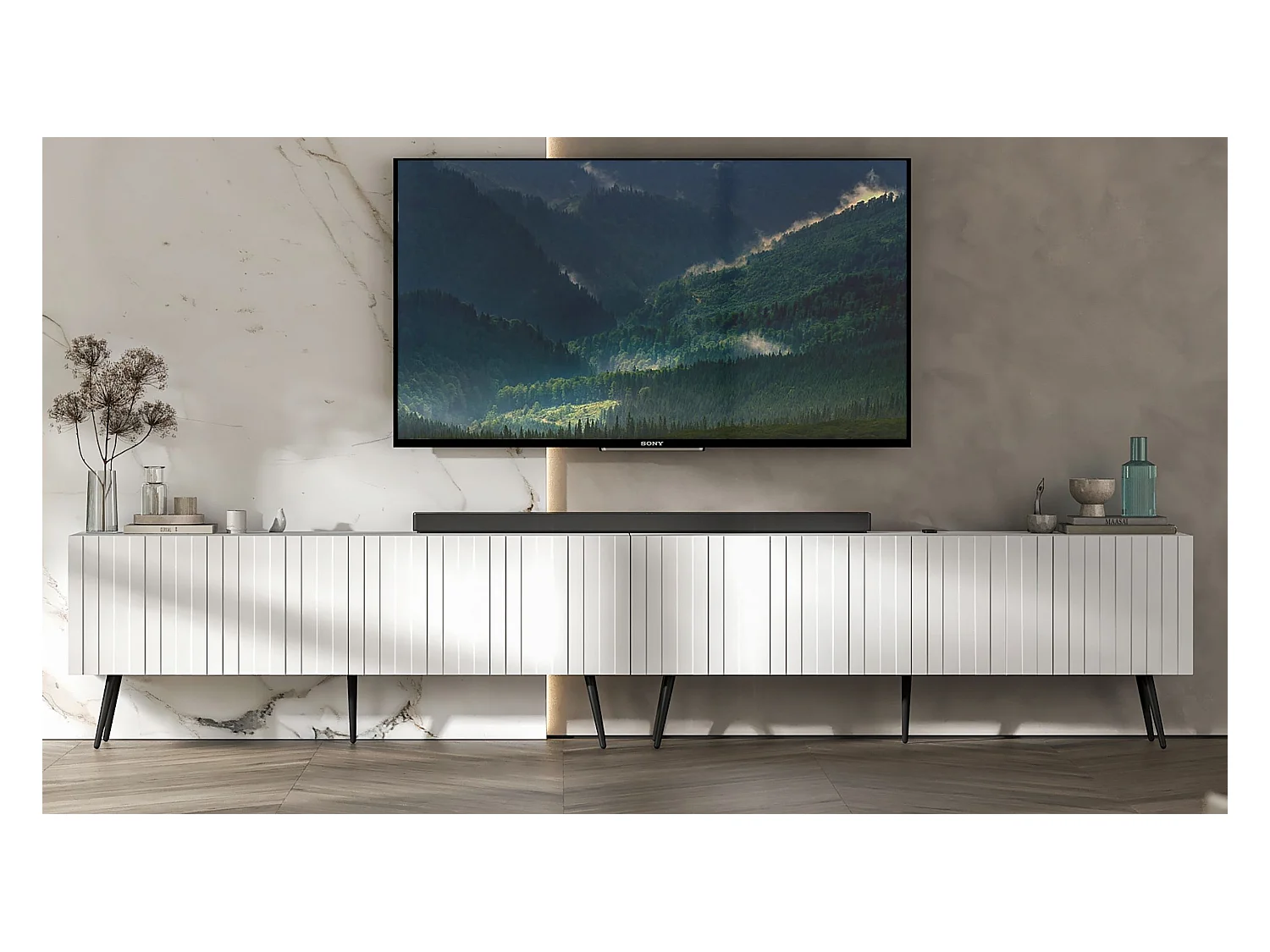 Meuble TV avec 8 portes - Corps blanc mat, façades rainurées blanc mat - 300 cm, pieds noirs