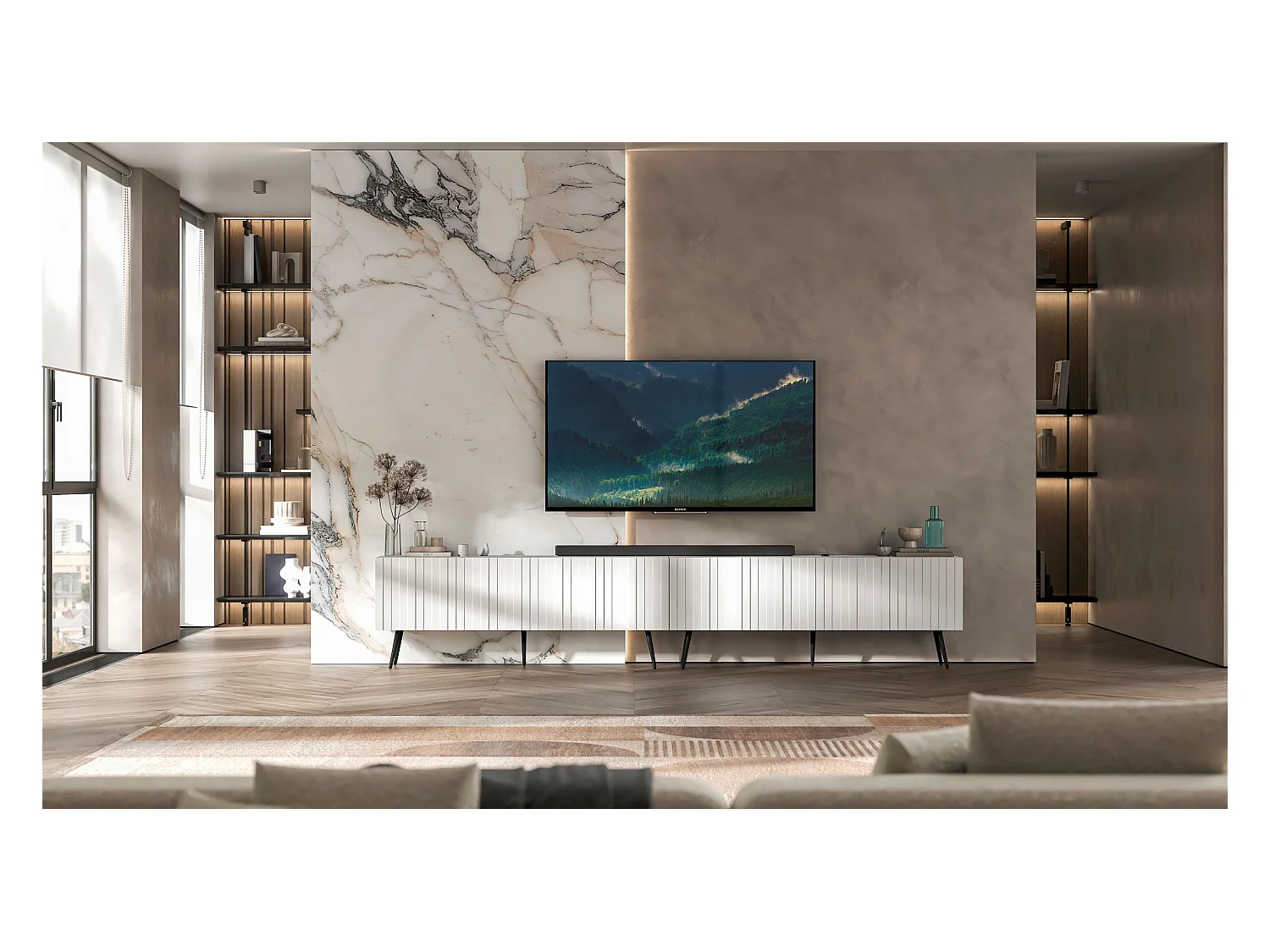 Meuble TV avec 8 portes - Corps blanc mat, façades rainurées blanc mat - 300 cm, pieds noirs