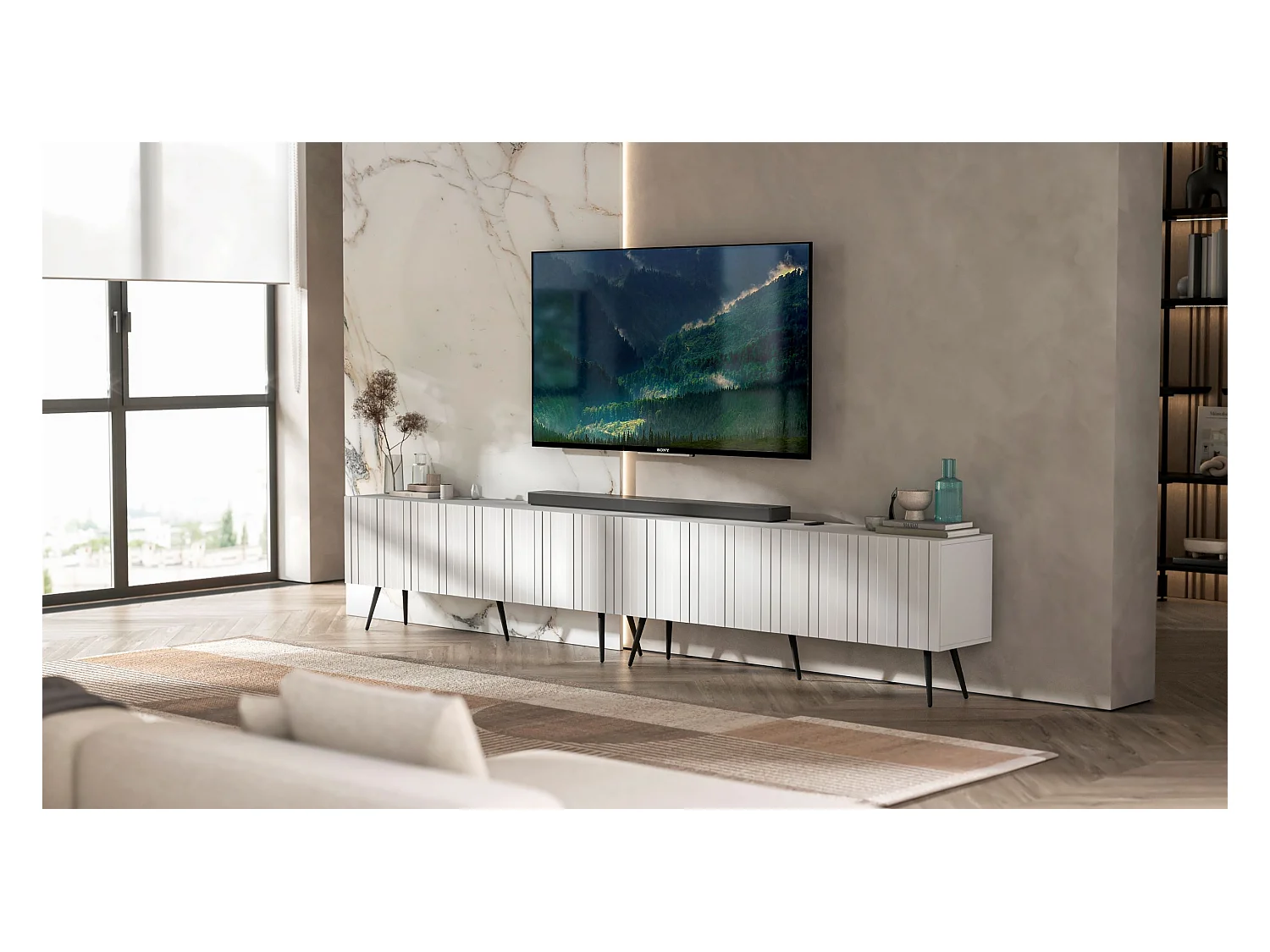 Meuble TV avec 8 portes - Corps blanc mat, façades rainurées blanc mat - 300 cm, pieds noirs