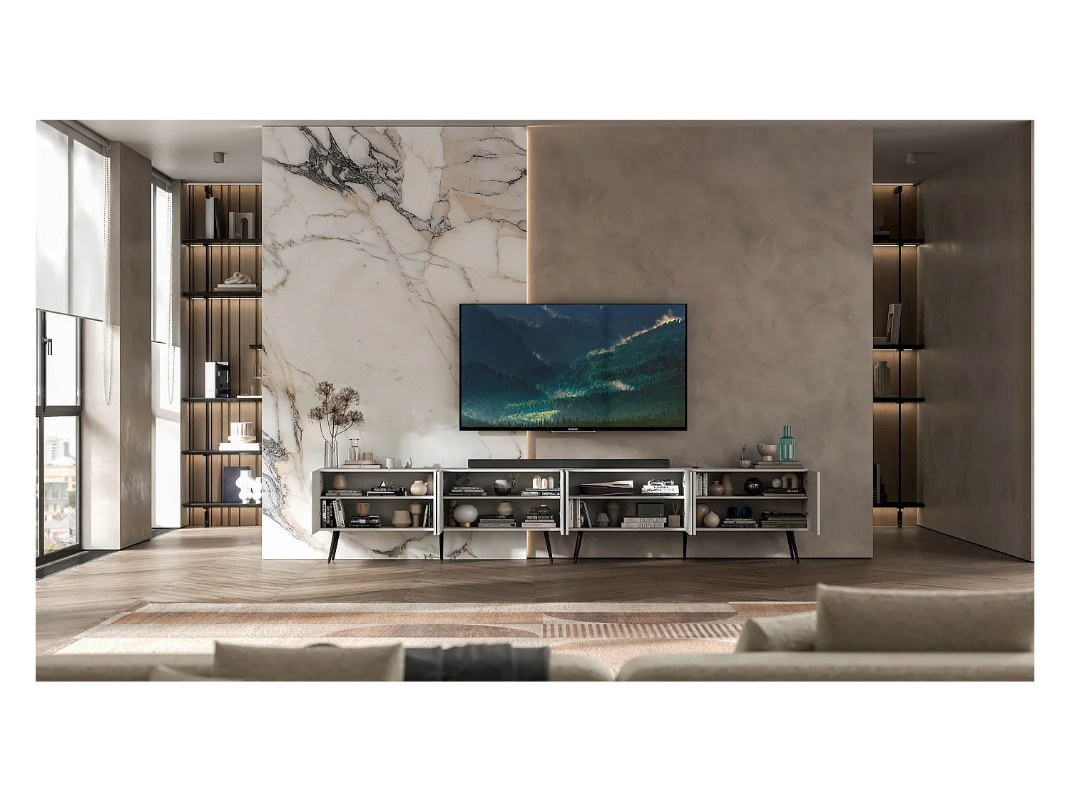 Meuble TV avec 8 portes - Corps blanc mat, façades rainurées blanc mat - 300 cm, pieds noirs