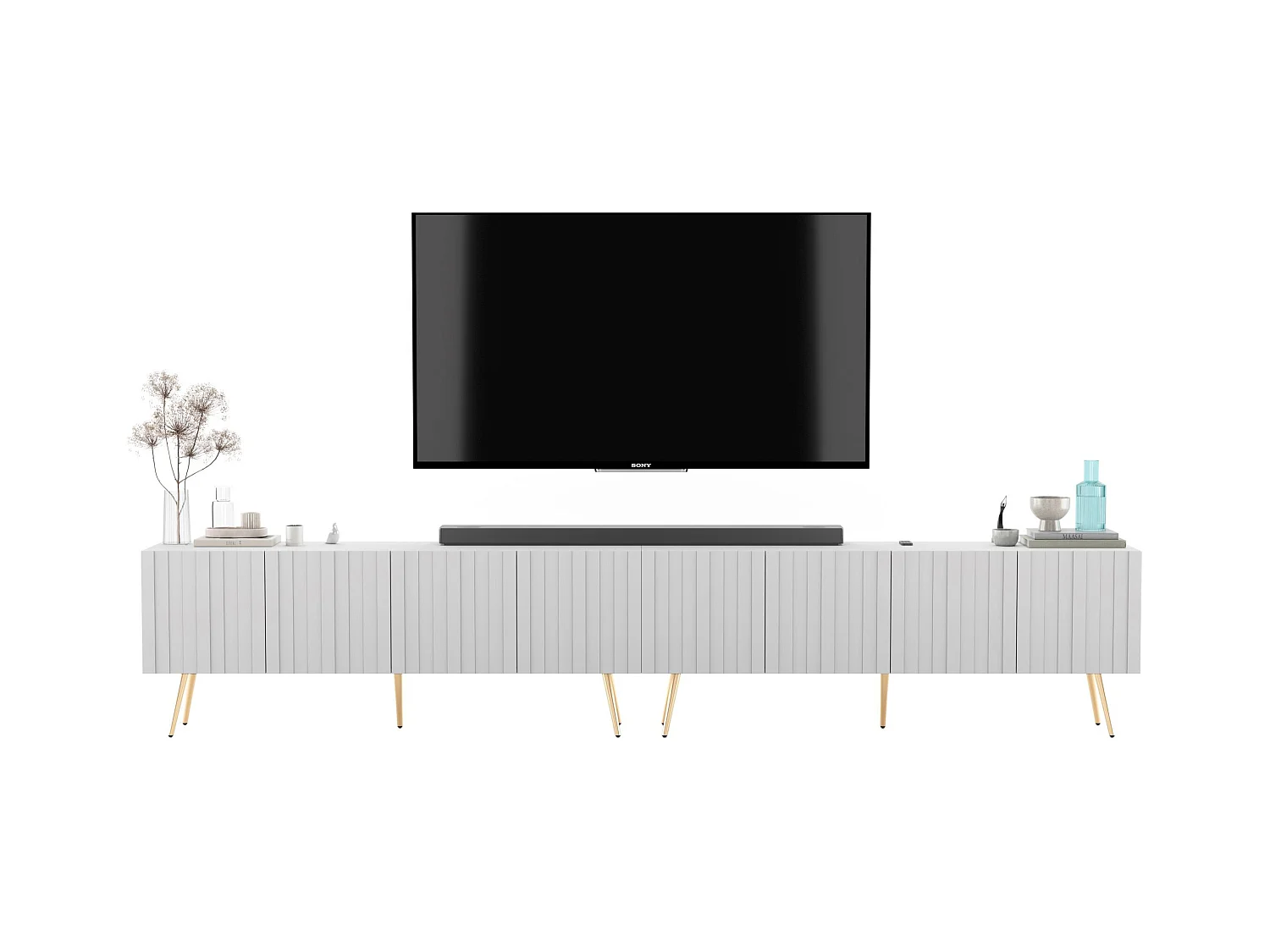 Meuble TV avec 8 portes - Corps blanc mat, façades rainurées blanc mat - 300 cm, pieds noirs