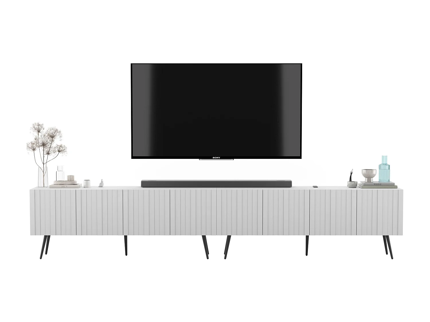 Meuble TV avec 8 portes - Corps blanc mat, façades rainurées blanc mat - 300 cm, pieds noirs