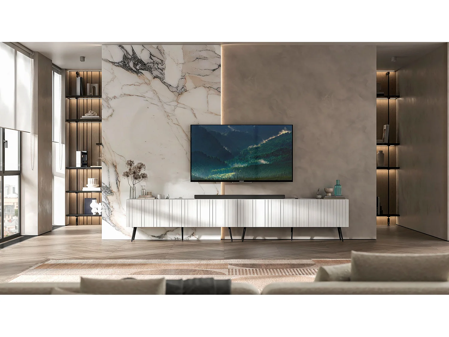 Meuble TV avec 8 portes - Corps blanc mat, façades rainurées blanc mat - 300 cm, pieds noirs