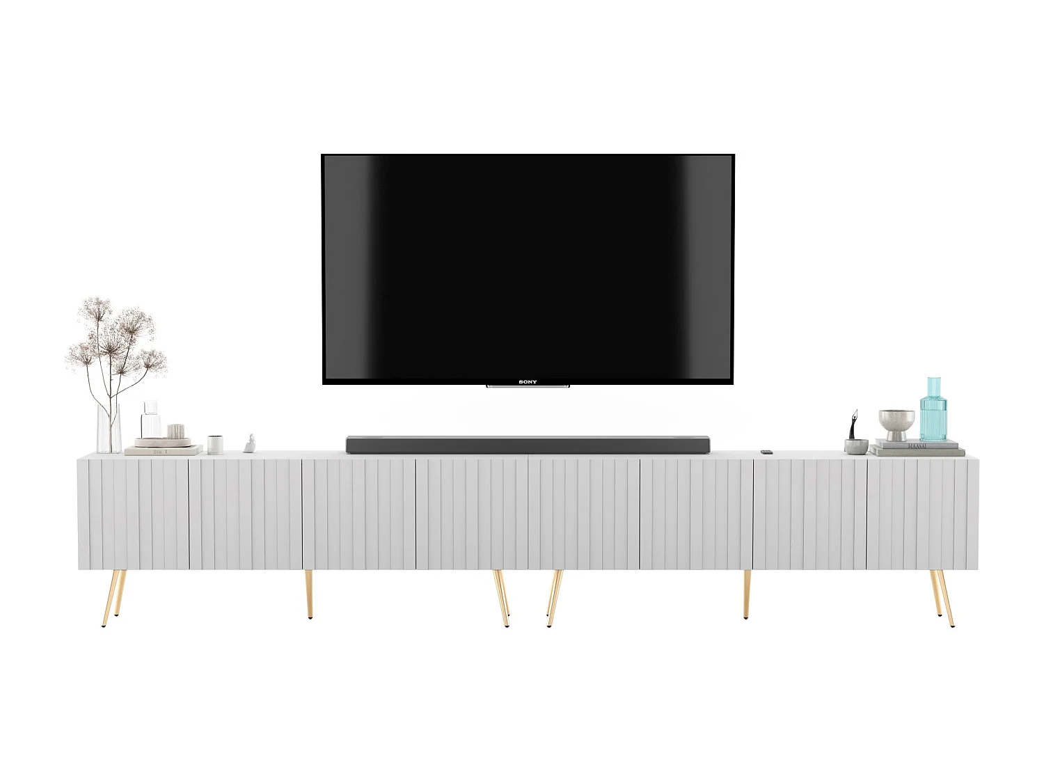 Meuble TV avec 8 portes - Corps blanc mat, façades rainurées blanc mat - 300 cm, pieds noirs