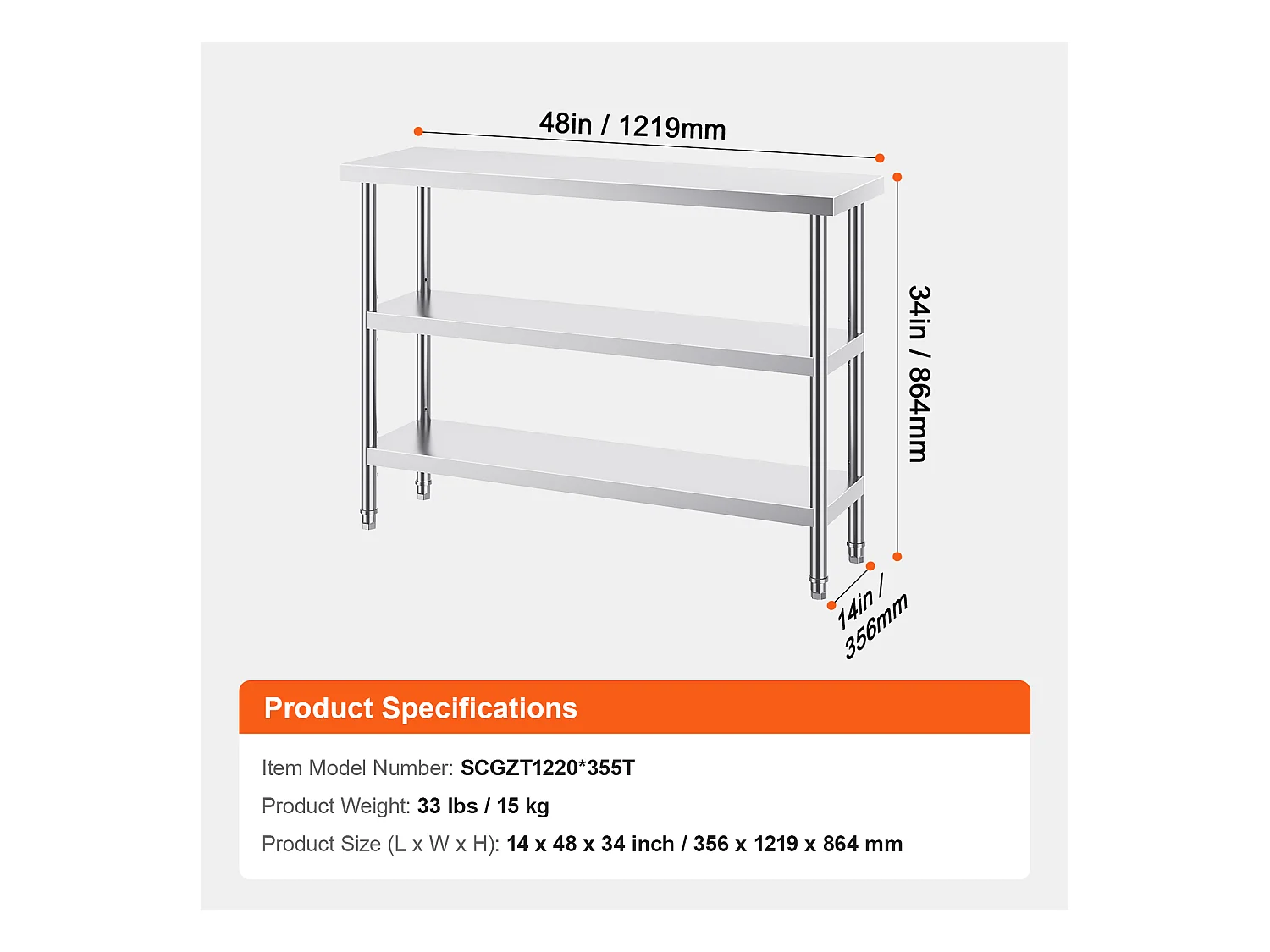 Mesa de Trabalho Cozinha SucceBuy 35,6x121,9 cm, Mesa de Trabalho de Cozinha Comercial em Aço Inoxidável