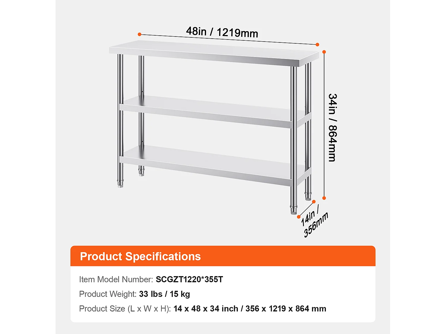 Table de Travail Cuisine SucceBuy 35,6x121,9 cm, Table de Travail de Cuisine Commerciale en Acier Inoxydable