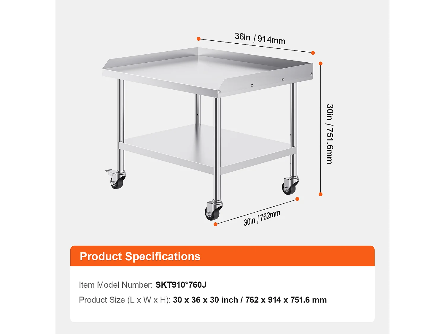 Table de Travail SucceBuy Table de Travail en Acier Inoxydable 76.2 x 91.44 cm avec 4 Roulettes Table de Préparation Alimentaire Commerciale