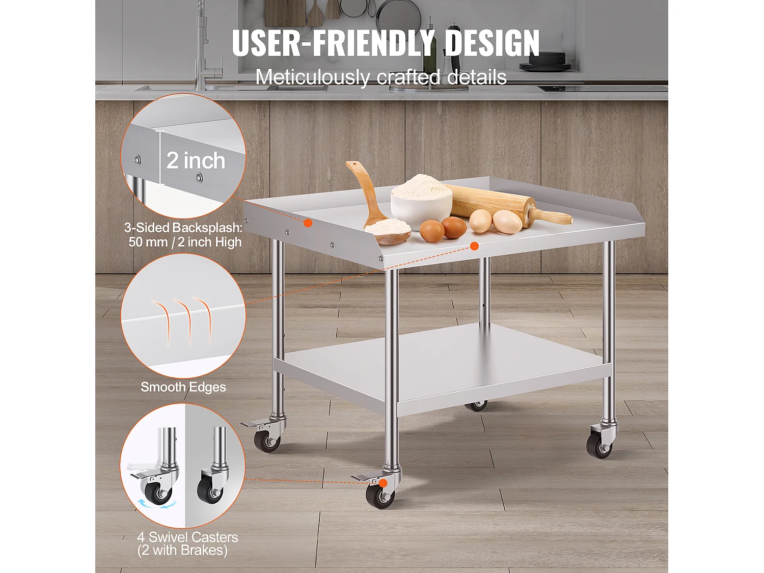 Table de Travail SucceBuy Table de Travail en Acier Inoxydable 76.2 x 91.44 cm avec 4 Roulettes Table de Préparation Alimentaire Commerciale