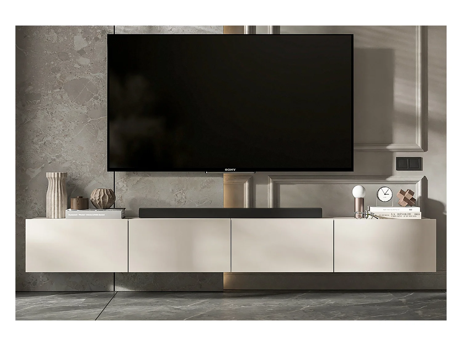 Meuble TV suspendu avec 4 portes - corps Cachemire mat, façades Cachemire mat - 240 cm