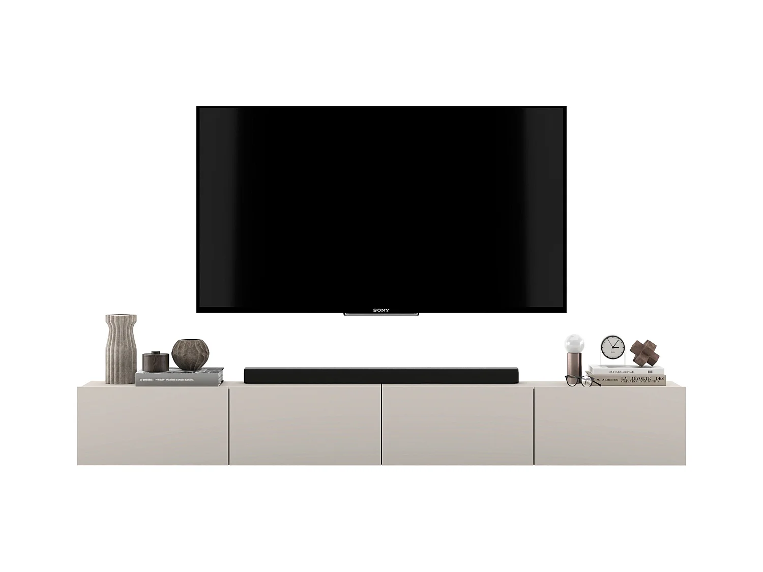 Meuble TV suspendu avec 4 portes - corps Cachemire mat, façades Cachemire mat - 240 cm