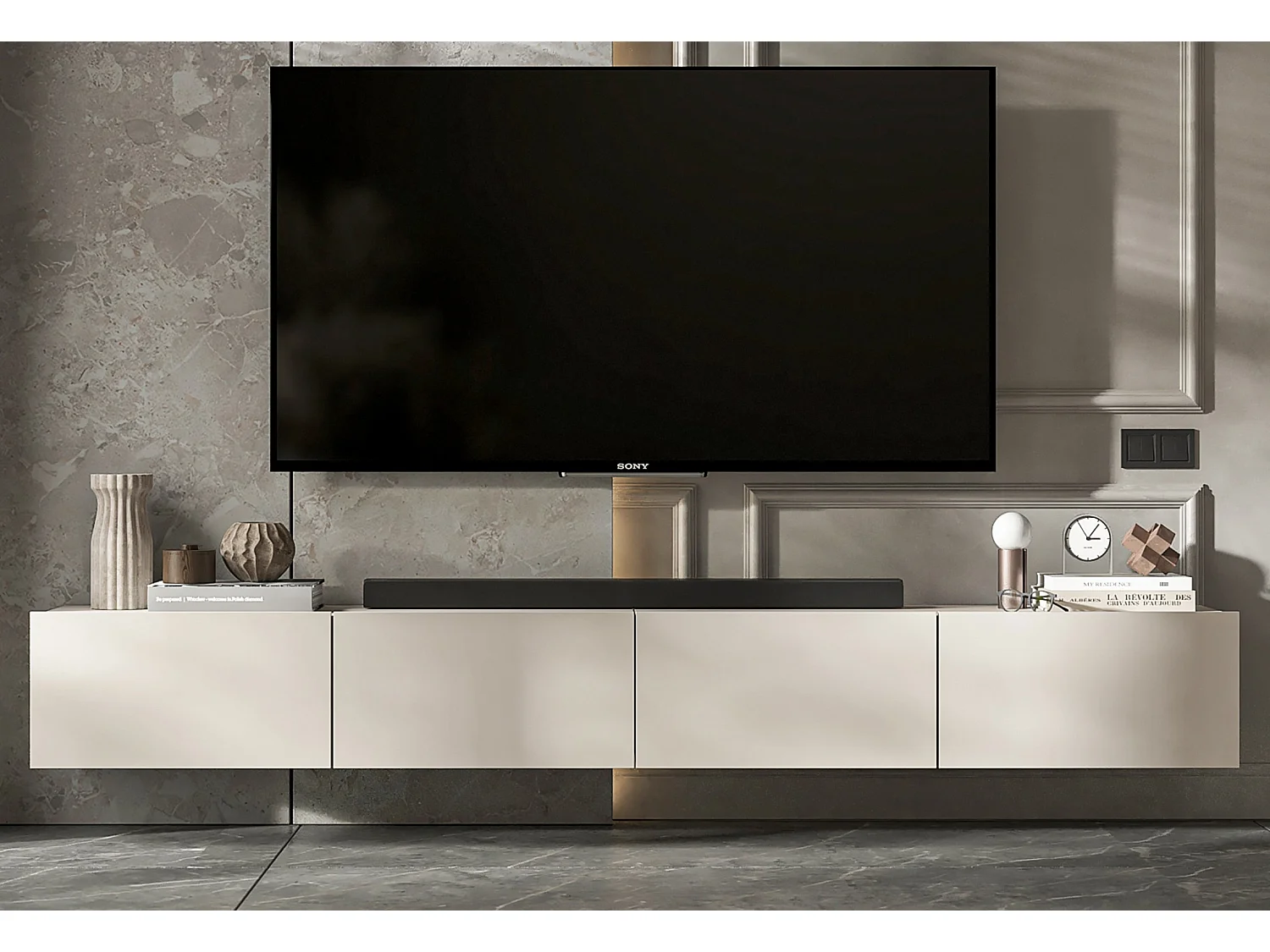 Meuble TV suspendu avec 4 portes - corps Cachemire mat, façades Cachemire mat - 240 cm