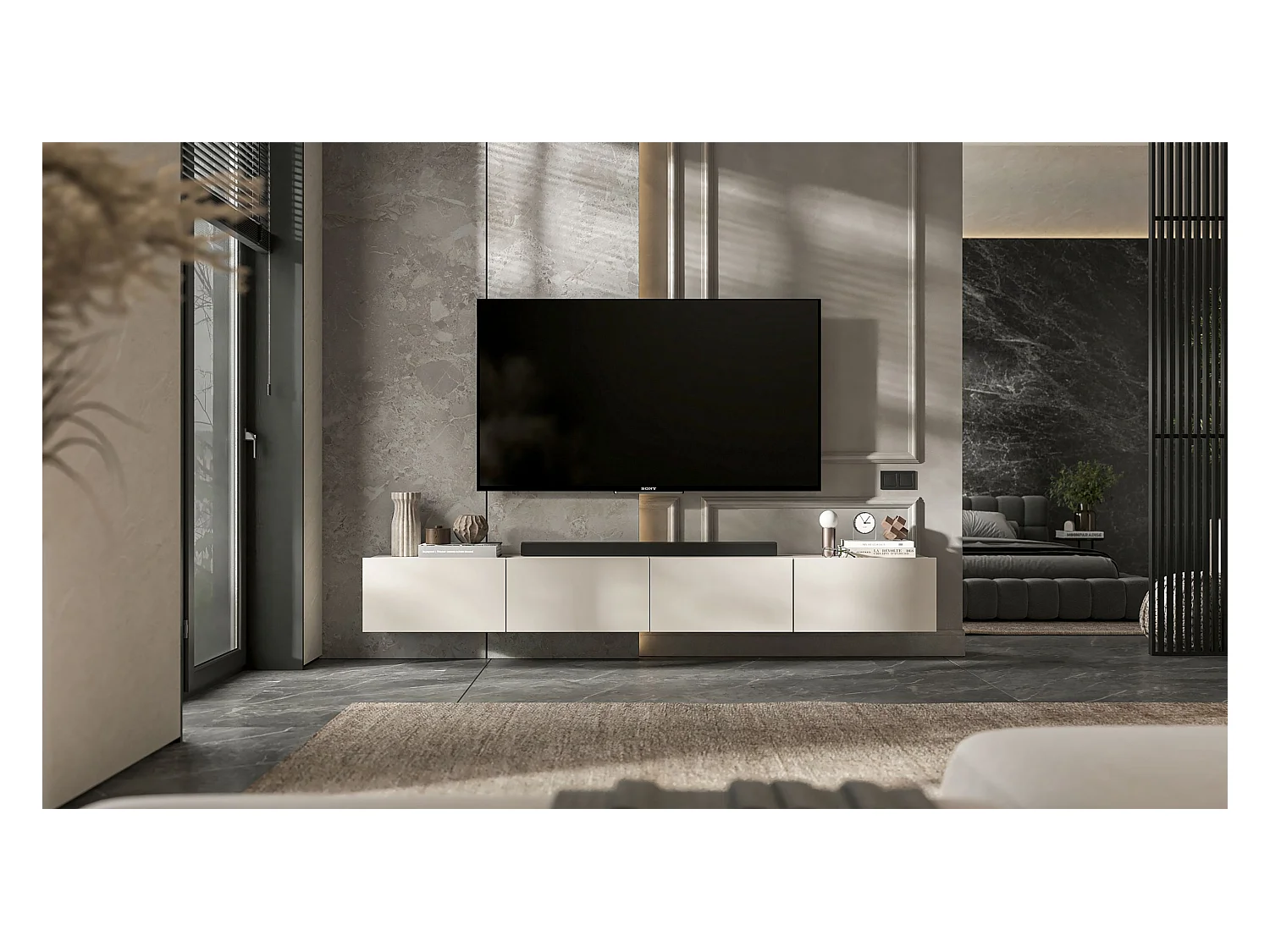 Meuble TV suspendu avec 4 portes - corps Cachemire mat, façades Cachemire mat - 240 cm