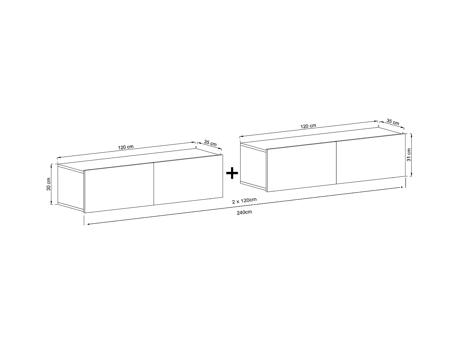 Meuble TV suspendu avec 4 portes - corps Cachemire mat, façades Cachemire mat - 240 cm