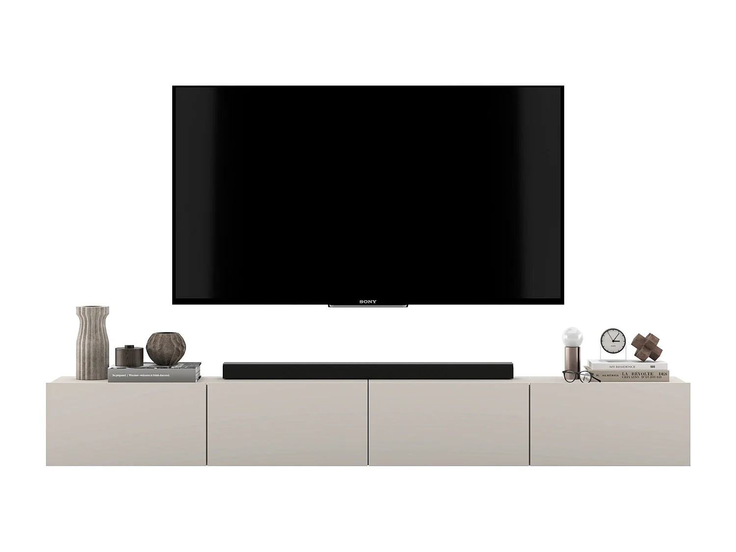 Meuble TV suspendu avec 4 portes - corps Cachemire mat, façades Cachemire mat - 240 cm