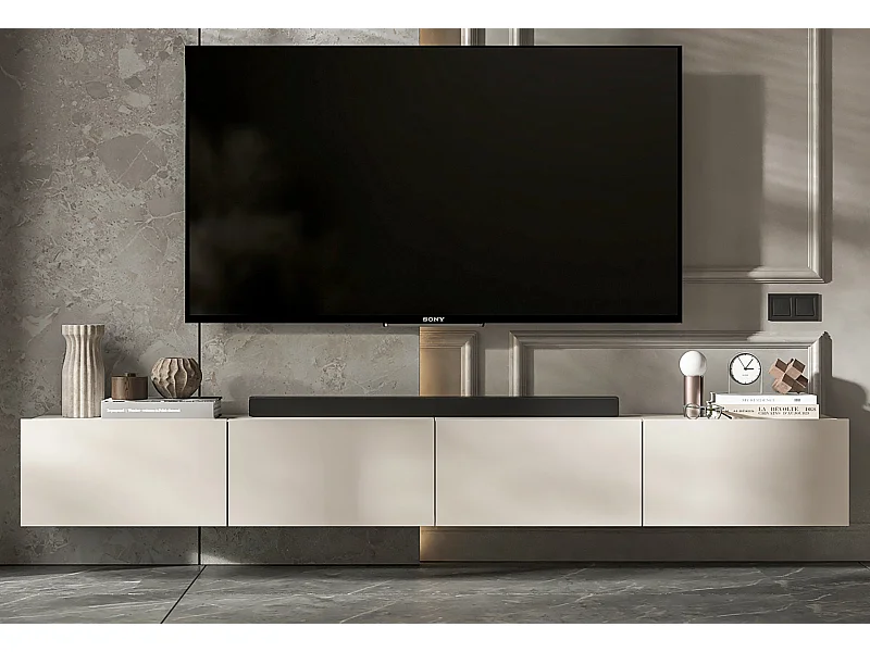 Meuble TV suspendu avec 4 portes - corps Cachemire mat, façades Cachemire mat - 240 cm