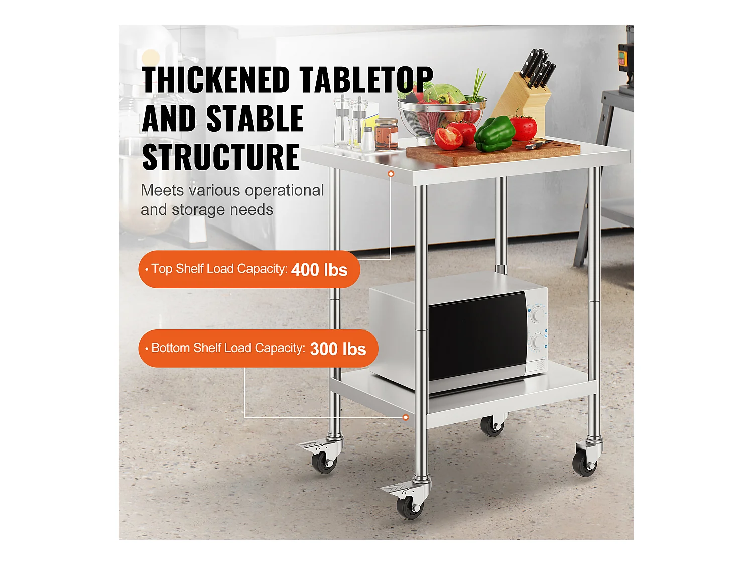 Mesa de Trabajo SucceBuy Mesa de Trabajo de Acero Inoxidable de 60.96 x 76.2 cm con 4 Ruedas