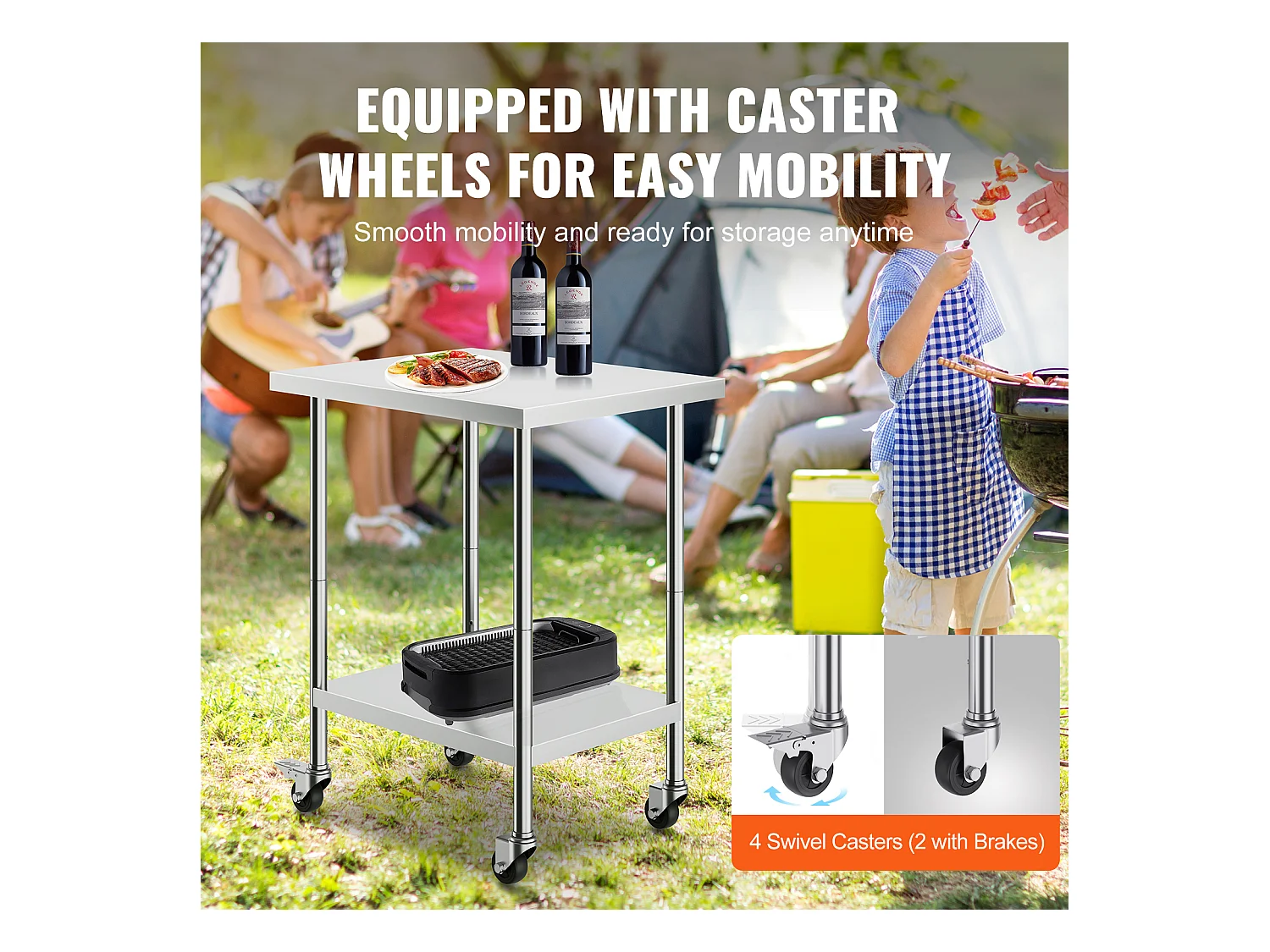 Mesa de Trabajo SucceBuy Mesa de Trabajo de Acero Inoxidable de 60.96 x 76.2 cm con 4 Ruedas