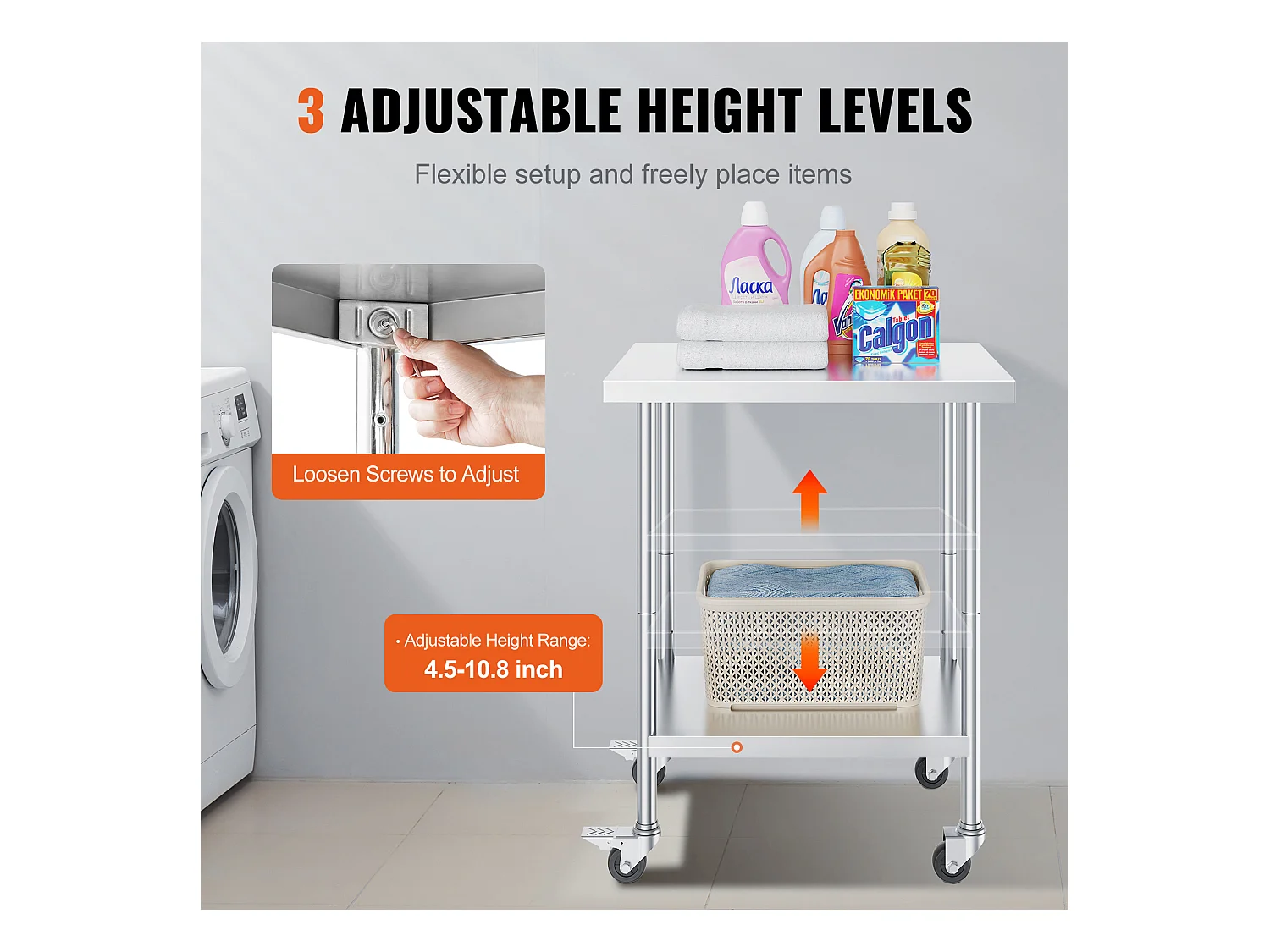 Mesa de Trabajo SucceBuy Mesa de Trabajo de Acero Inoxidable de 60.96 x 76.2 cm con 4 Ruedas
