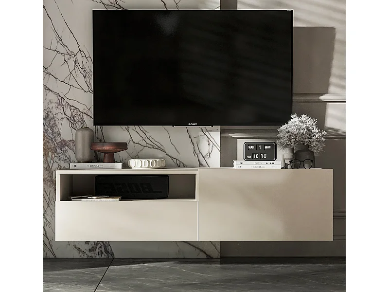 Meuble TV suspendu avec 1 portes et niche, tiroir - corps Cachemire mat, façades Cachemire mat - 120 cm