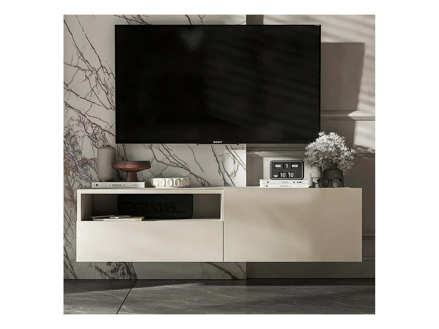 Meuble TV suspendu avec 1 portes et niche, tiroir - corps Cachemire mat, façades Cachemire mat - 120 cm