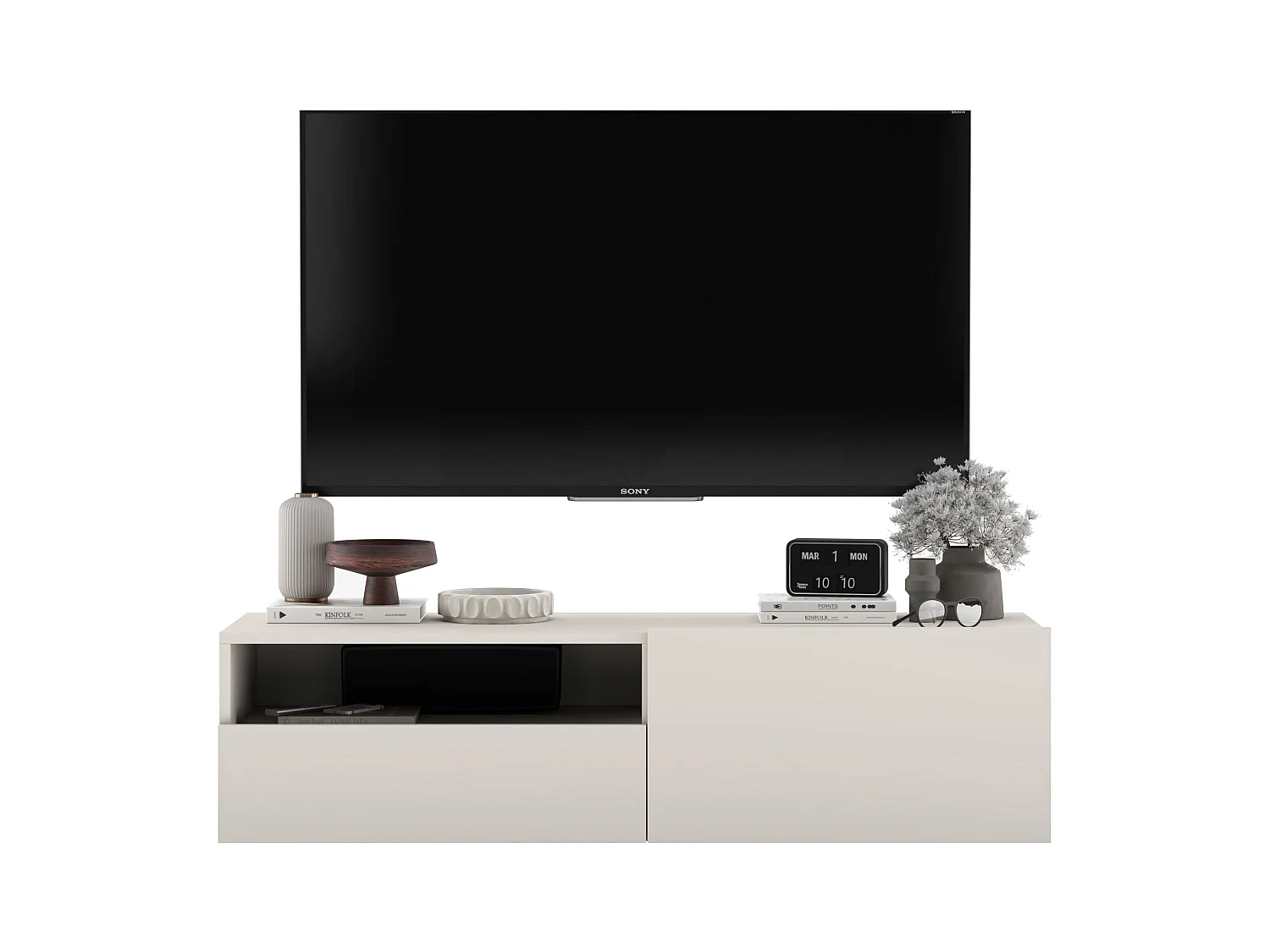 Meuble TV suspendu avec 1 portes et niche, tiroir - corps Cachemire mat, façades Cachemire mat - 120 cm