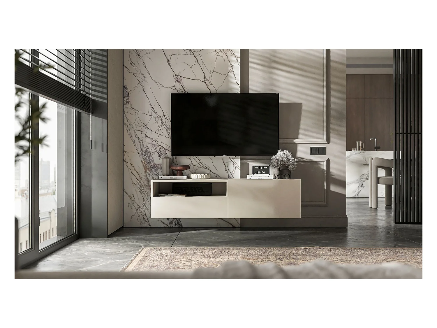 Meuble TV suspendu avec 1 portes et niche, tiroir - corps Cachemire mat, façades Cachemire mat - 120 cm