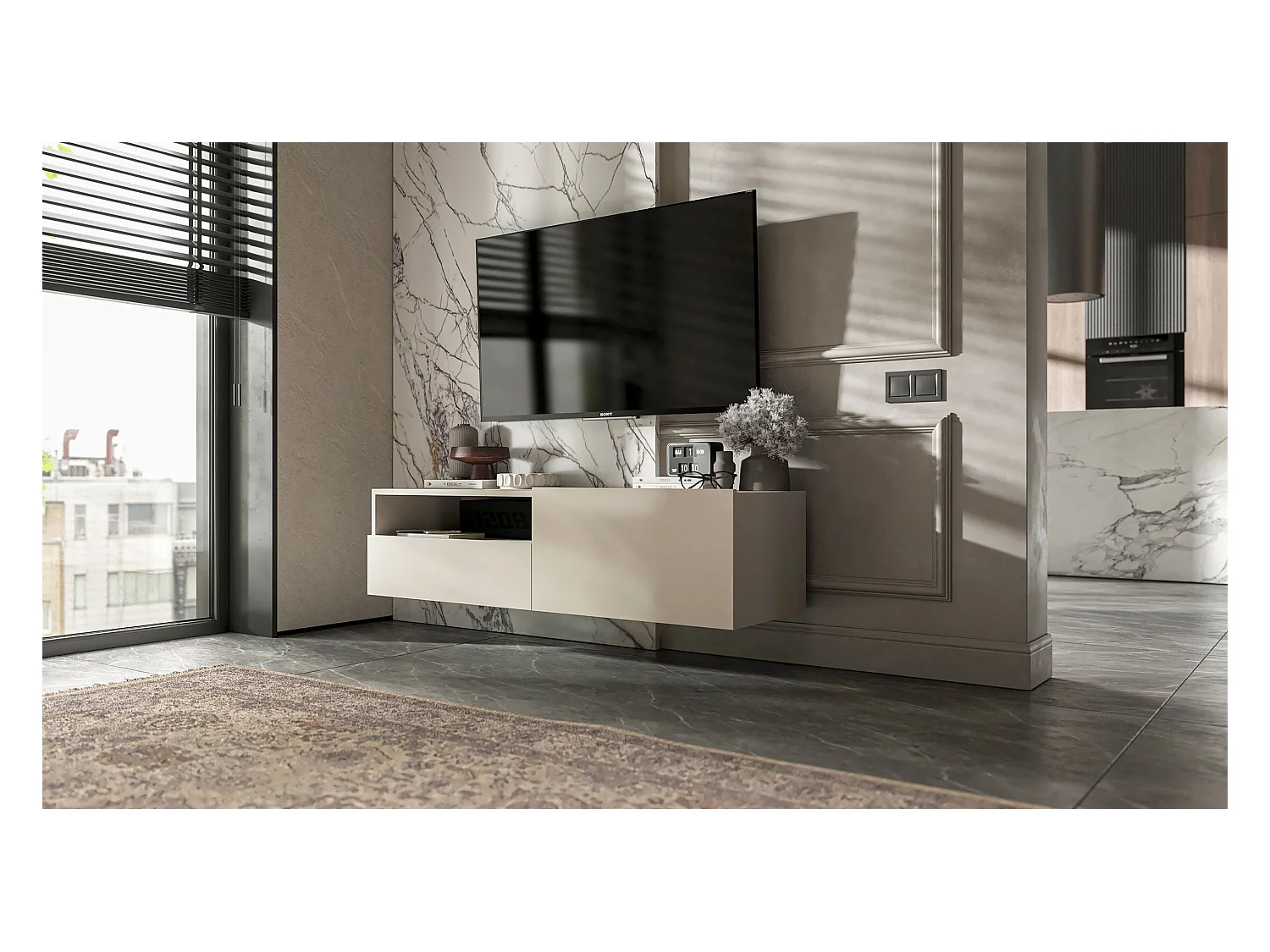 Meuble TV suspendu avec 1 portes et niche, tiroir - corps Cachemire mat, façades Cachemire mat - 120 cm