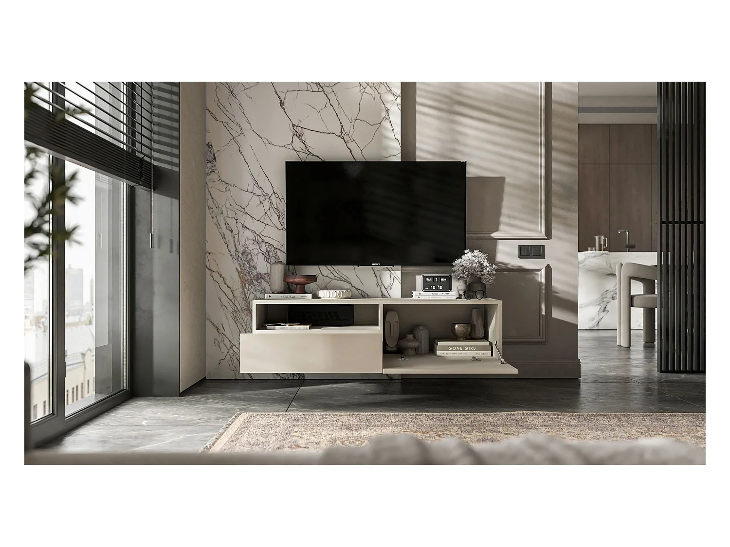 Meuble TV suspendu avec 1 portes et niche, tiroir - corps Cachemire mat, façades Cachemire mat - 120 cm