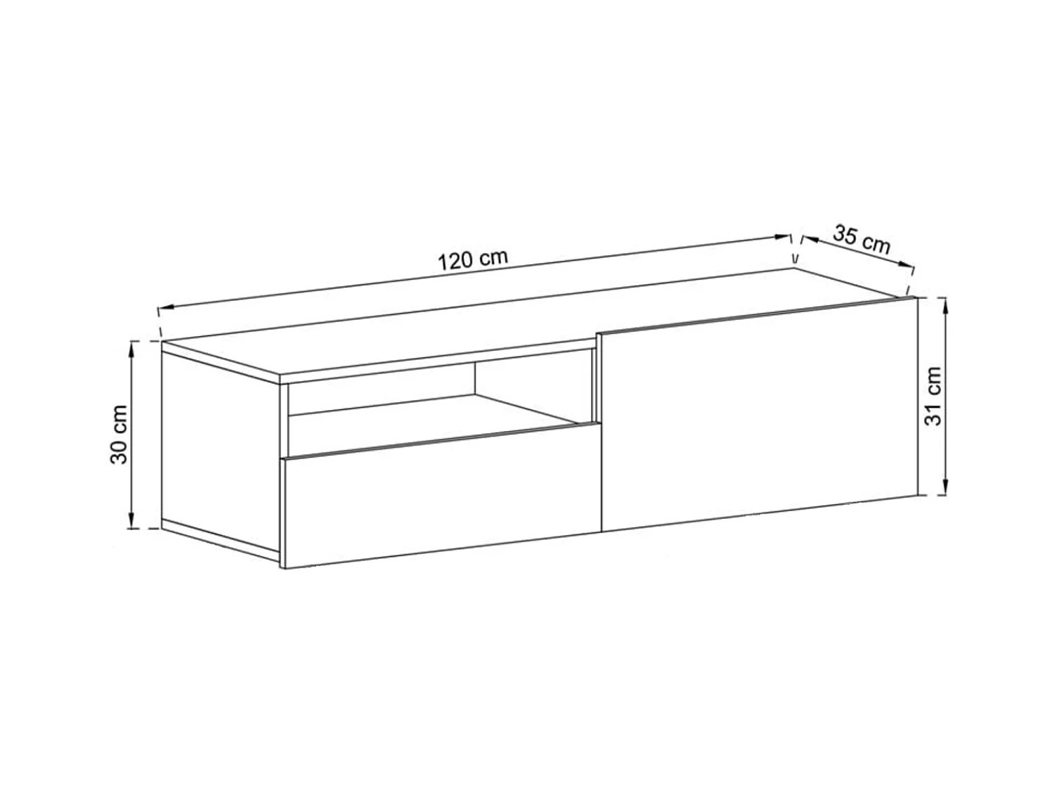 Meuble TV suspendu avec 1 portes et niche, tiroir - corps Cachemire mat, façades Cachemire mat - 120 cm
