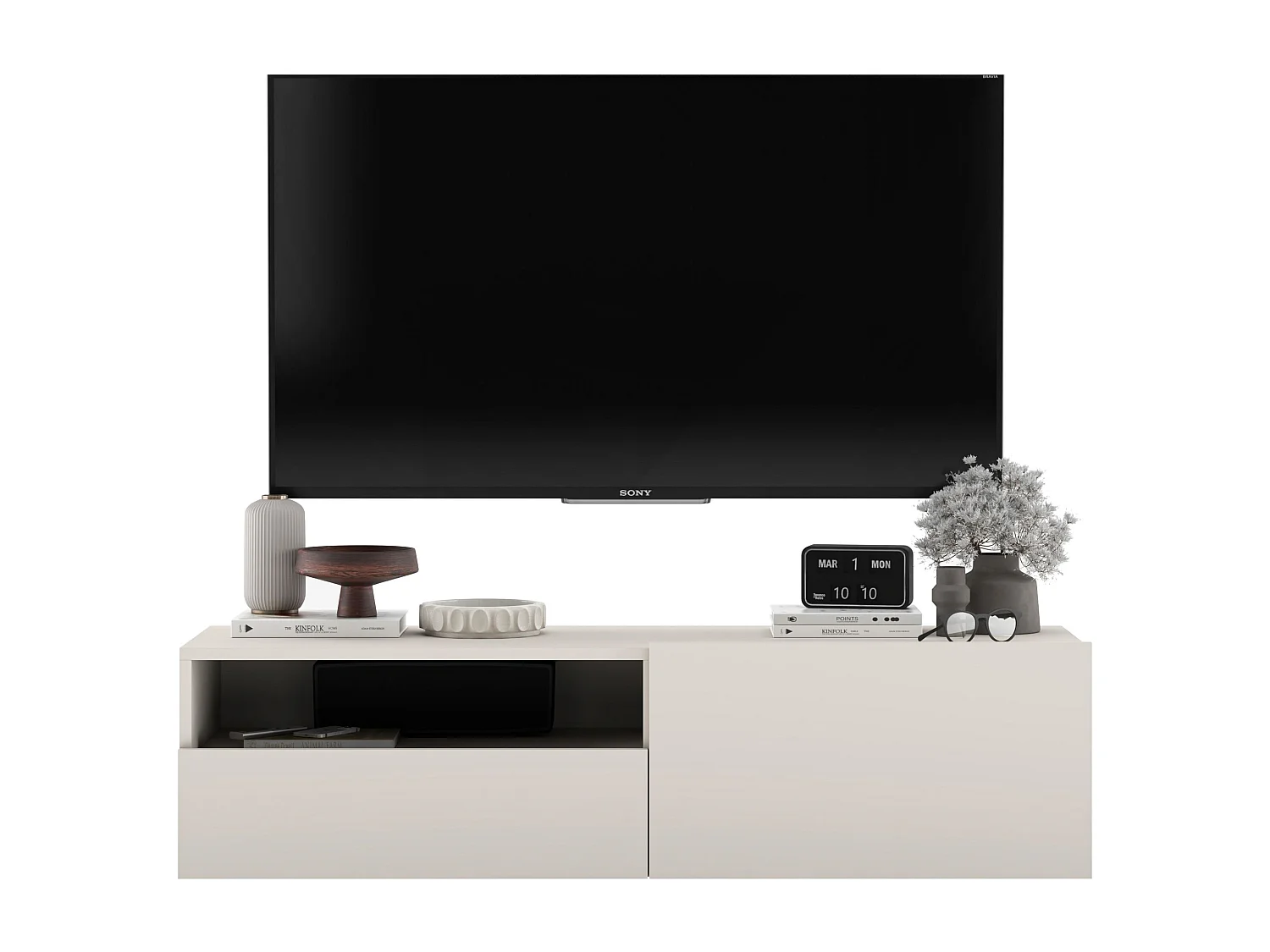 Meuble TV suspendu avec 1 portes et niche, tiroir - corps Cachemire mat, façades Cachemire mat - 120 cm