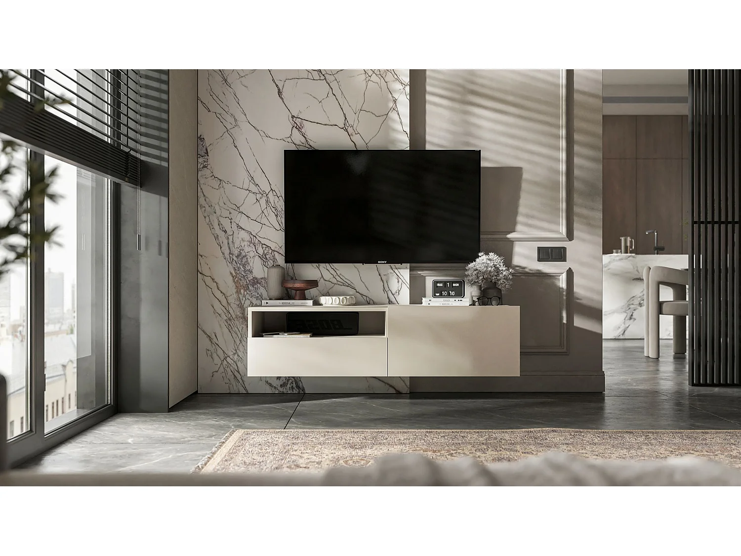 Meuble TV suspendu avec 1 portes et niche, tiroir - corps Cachemire mat, façades Cachemire mat - 120 cm