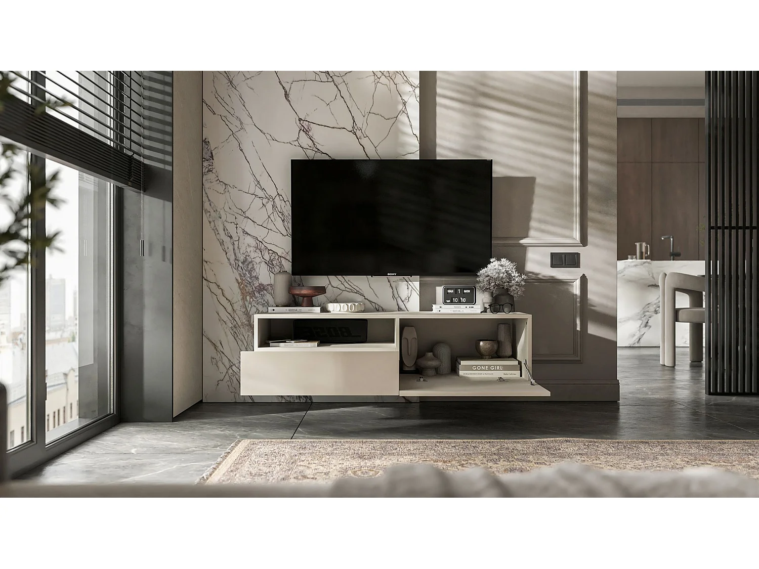 Meuble TV suspendu avec 1 portes et niche, tiroir - corps Cachemire mat, façades Cachemire mat - 120 cm