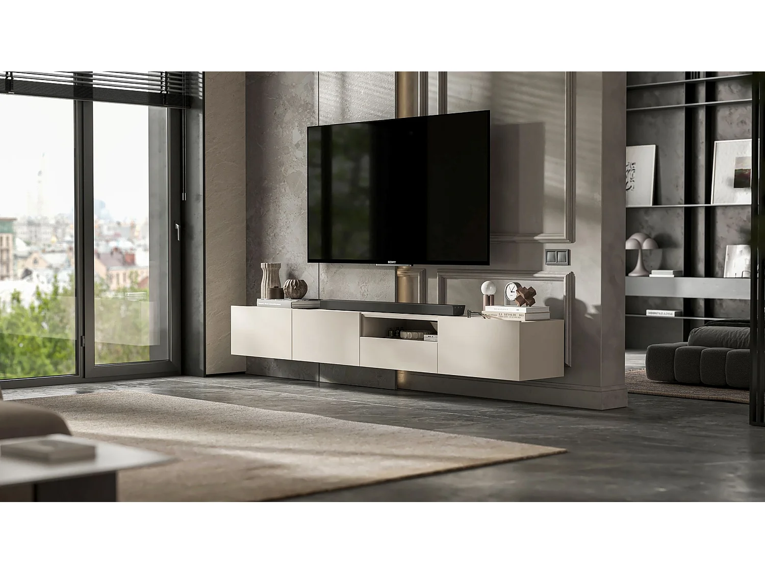 Meuble TV suspendu avec 1 portes et niche, tiroir - corps Cachemire mat, façades Cachemire mat - 120 cm