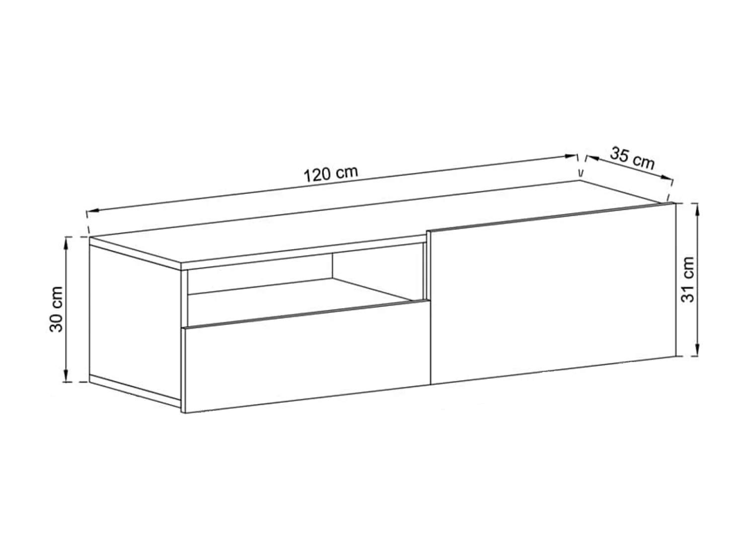 Meuble TV suspendu avec 1 portes et niche, tiroir - corps Cachemire mat, façades Cachemire mat - 120 cm