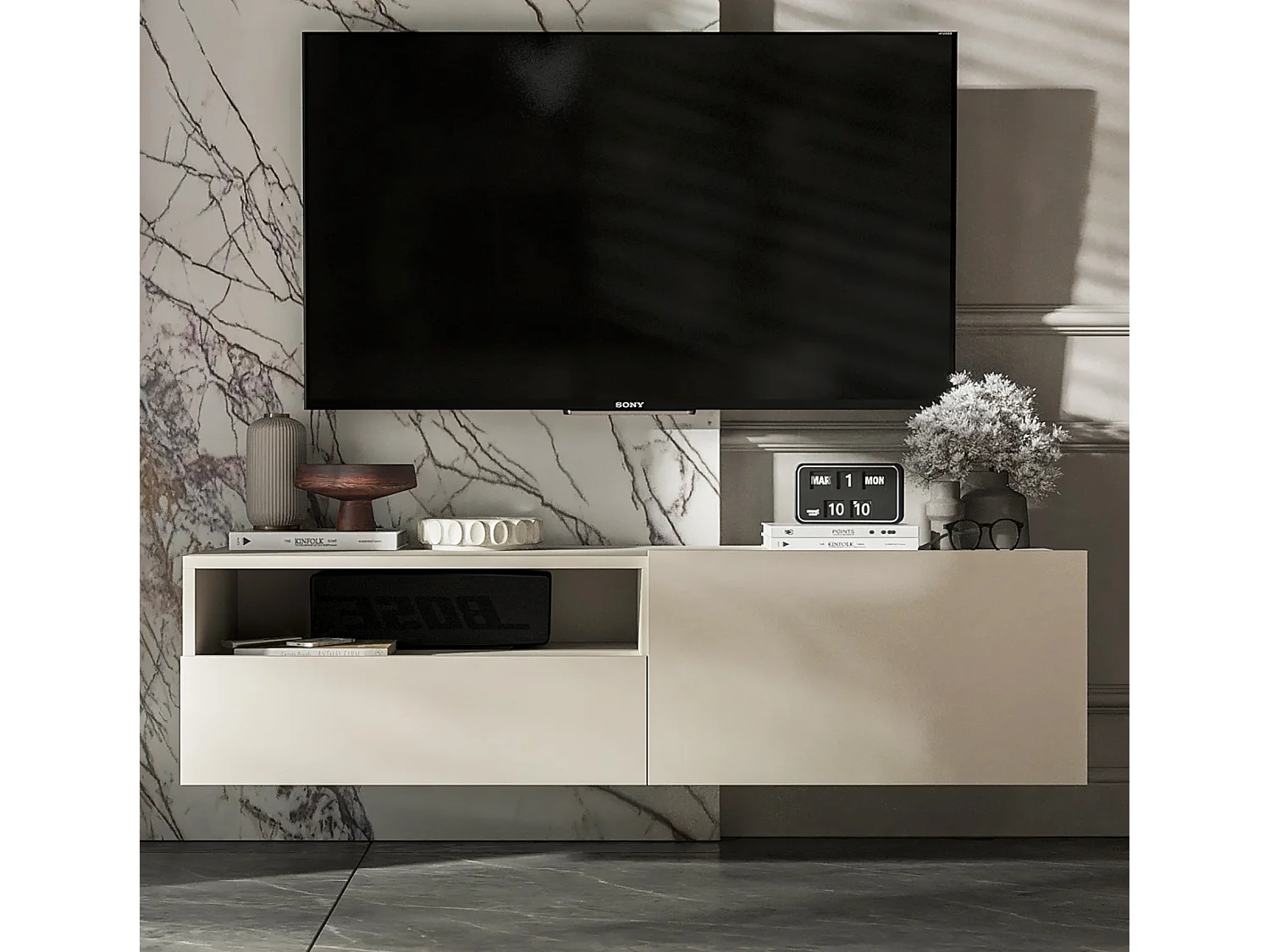 Mobile TV sospeso con 1 anta e vano a giorno, cassetto - struttura cachemire opaco, frontali cachemire opaco - 120 cm