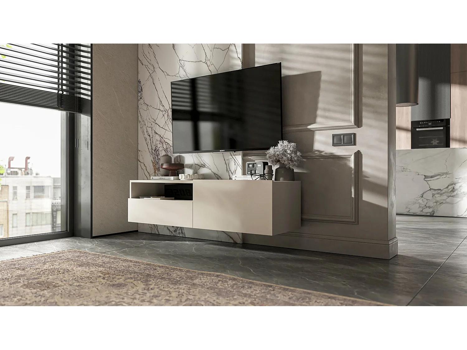 Mobile TV sospeso con 1 anta e vano a giorno, cassetto - struttura cachemire opaco, frontali cachemire opaco - 120 cm
