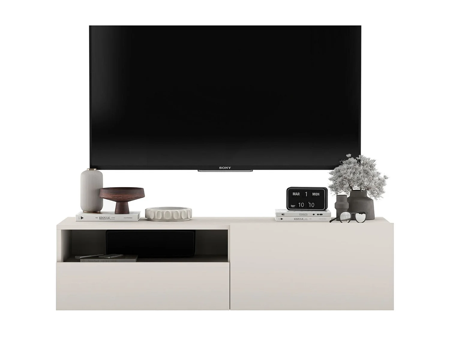 Mobile TV sospeso con 1 anta e vano a giorno, cassetto - struttura cachemire opaco, frontali cachemire opaco - 120 cm