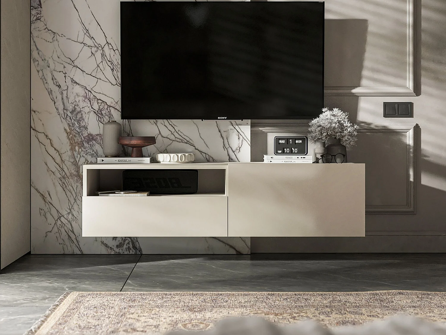 Mobile TV sospeso con 1 anta e vano a giorno, cassetto - struttura cachemire opaco, frontali cachemire opaco - 120 cm